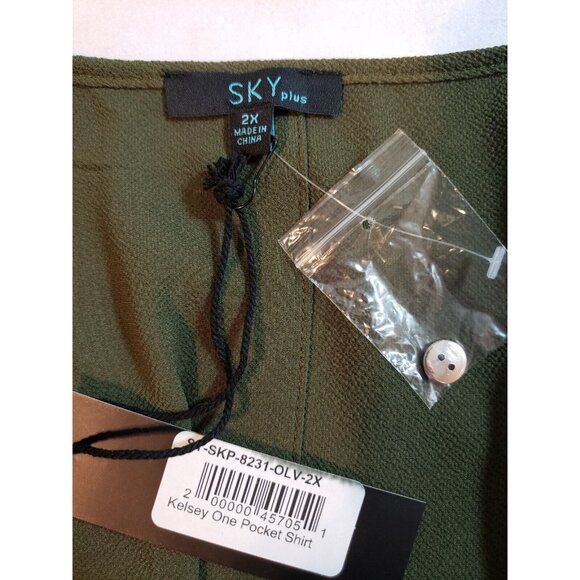 Sky Plus Womens Olive Button-Back 2X Blouse With Pocket & Shoulder Detail - Picture 5 of 14